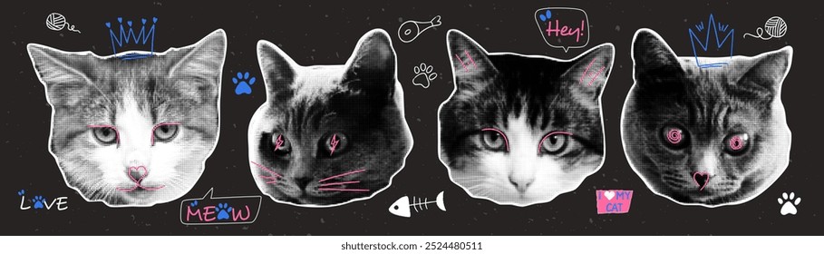 Set of cute cat heads with doodle elements. Retro halftone effect. Y2k collage design