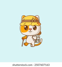 set Cute cat hiking camp kawaii chibi character mascot illustration outline style design