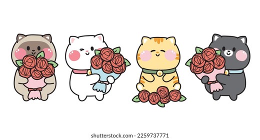 Juego de lindos gatos sostienen flores de rosa en varias poses de fondo blanco. Día de San Valentín. Dibujo mano de caricatura de mascotas con animales.