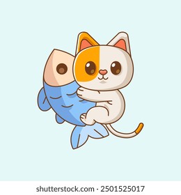 set Cute cat hug fish hanging kawaii chibi character mascot illustration outline style