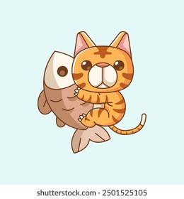 set Cute cat hug fish kawaii chibi character mascot illustration outline style