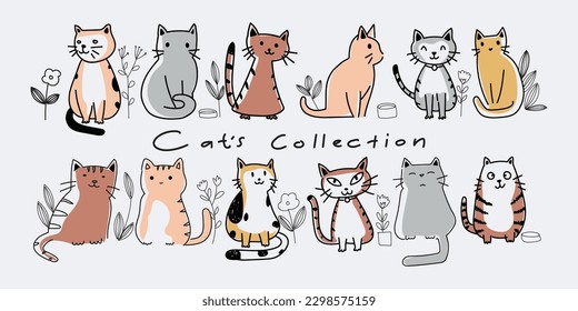 Set of cute cat icon character hand drawing vector illustration. Isolated on white background.