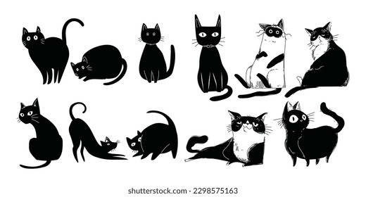 Set of cute cat icon character hand drawing vector illustration. Isolated on white background.