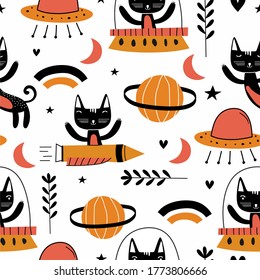 Conjunto de adorables ilustraciones de gatos de diseño vectorial arte. Volando niños graciosos astronautas animales en el espacio, con planetas, estrellas, amores. Concepto de impresión infantil. Objetos aislados sobre fondo blanco.