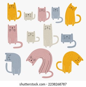 set of cute cat isolated on white background. 