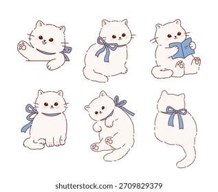 Conjunto de lindo gato aislado sobre un fondo blanco. Dibujado a mano de dibujos animados.