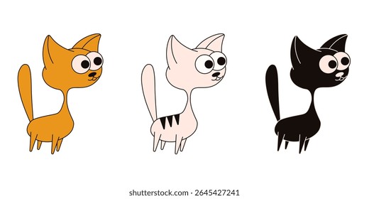 Set cute cat isolated transparent. Vector illustration of black red stripped cat template design. Ideal nursery art, kids sticker t-shirt print children fabric clothes decor. EPS 10