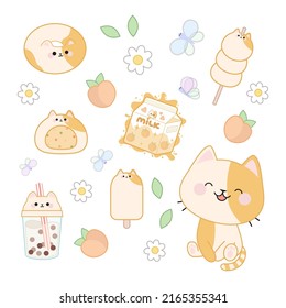 Set of cute cat in kawaii style and different desserts, drinks, peaches, flowers, leaves and butterflies.