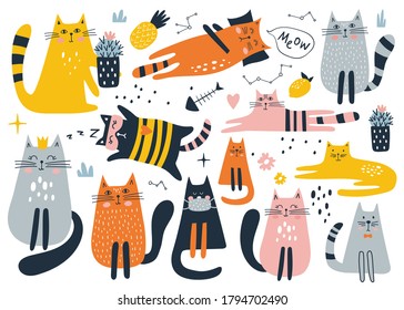 Set with cute cat. Kids print. Vector illustration.