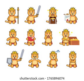 Set of cute cat king characters in various situations. Cat king holding sword, document, treasure, thinking, reading book and showing other actions. Vector illustration bundle