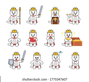 Set of cute cat king characters in various situations. Cat king holding sword, document, treasure, thinking, reading book and showing other actions. Vector illustration bundle