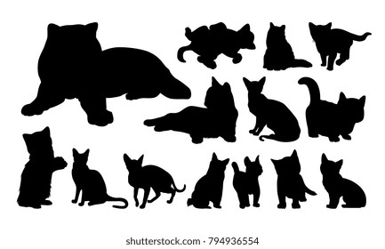 Set of Cute Cat and Kitty Silhouette vector