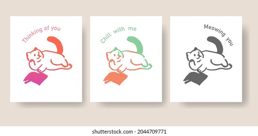 Set of cute cat laying near a book looking up and to viewers right. Isolated on white background. Weekend cozy concept. Vector illustration. 