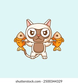set Cute cat lifting fish barbel food kawaii chibi character mascot illustration outline style design