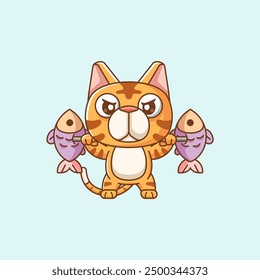 Conjunto lindo gato levantando pescado barbel comida kawaii chibi personaje mascota ilustración esquema estilo diseño