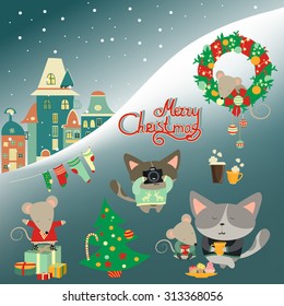 Set of cute cat with little mouse. Vector illustration