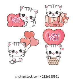 Set of cute cat in love for Valentine day. Animal cartoon style.