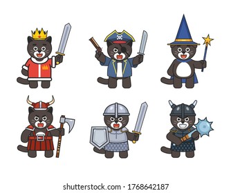Set of cute cat mascots in medieval, fantasy outfits. Black cat king, pirate, wizard, viking, knight cats. Vector illustration bundle