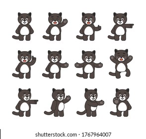 Set of cute cat mascots showing various hand gestures. Chibi black cat pointing, greeting, jumping, showing thumb up and other gestures. Vector illustration bundle