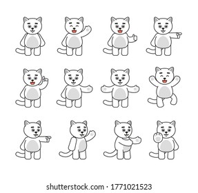 Set of cute cat mascots showing various hand gestures. Chibi white cat pointing, greeting, jumping, showing thumb up and other gestures. Vector illustration bundle