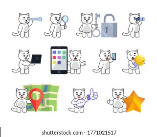 Set of cute cat mascots in various situations. Chibi white cat holding spyglass, magnifier, big key, idea bulb, standing near map and showing other actions. Vector illustration bundle