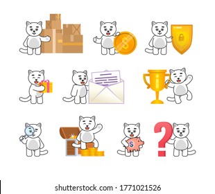 Set of cute cat mascots in various situations. Chibi white cat holding magnifier, gift box, standing near big question, treasure chest and showing other actions. Vector illustration bundle