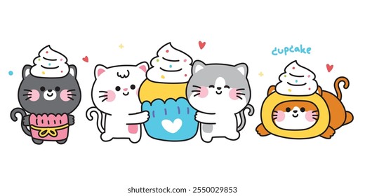 Conjunto de lindo gato maulla con cupcake. Panadería y dulce dibujado a mano. Diseño de dibujos animados de personajes de animales domésticos. Imagen para tarjeta, pegatina, ropa de bebé. Kawaii. Vector. Ilustración.