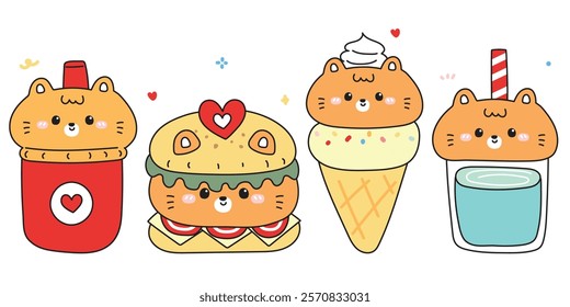 Set of cute cat meow face in food concept.Fastfood.Hamburger,fresh fried,ice cream,drink.Pet animal character cartoon.Kawaii.Vector.Illustration.