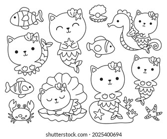Set of cute cat mermaid and fishes, starfish, crab, shell outline coloring vector illustration with live stroke.