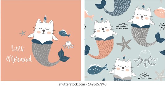 set of cute cat mermaid print and seamless pattern with cat mermaids. vector illustration