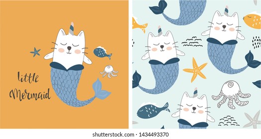 set of cute cat mermaid print and seamless pattern with cat mermaids. vector illustration