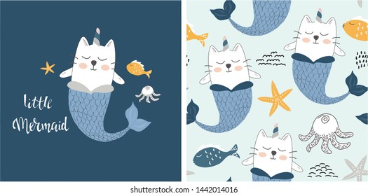 set of cute cat mermaid print and seamless pattern with cat mermaids. vector illustration