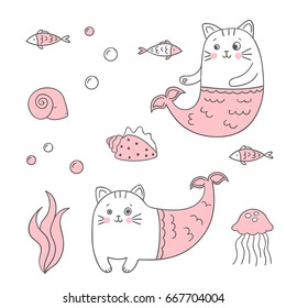 Set of cute cat mermaid, shell, fish. Vector collection of stickers, patches in pink and white color. 