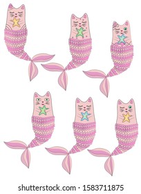 Set of cute cat mermaids isolated on white background. Doodle illustration.