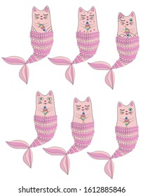 Set of cute cat mermaids isolated on white background. Doodle illustration.