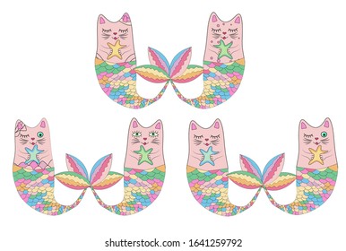 Set of cute cat mermaids isolated on white background. Doodle illustration.