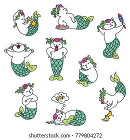 Set of cute cat mermaids isolated on white background. Doodle vector illustration.