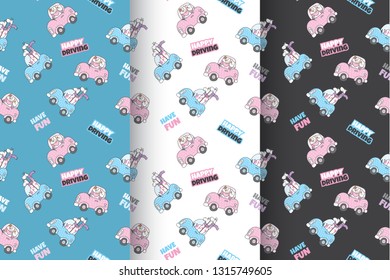 Set. Cute cat on car. Cute animal on car pattern set. Seamless Pattern animal cartoon-vector