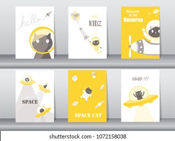 Set of cute cat on space backgrounds.Design for kid cards,poster,template,cards,Vector illustrations.