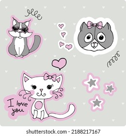 Set with cute cat on a white background. kids print.