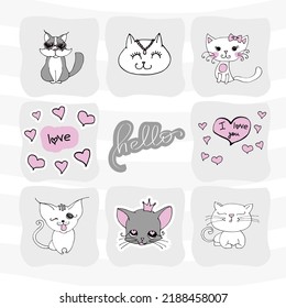 Set with cute cat on a white background. kids print.