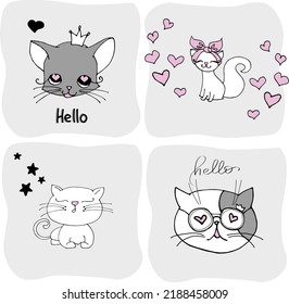Set with cute cat on a white background. kids print.