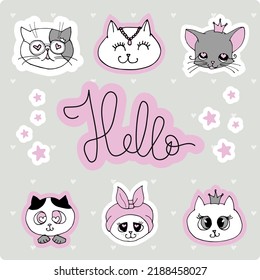 Set with cute cat on a white background. kids print.
