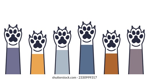 Juego de garras de gato lindas con garras en vector. Pulseras de gato con garras de diferentes colores en un estilo lineal plano. Iconos de la pata de gato.