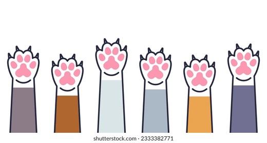 Set of cute cat paws with claws in vector. Cat paws with claws in different colors in flat linear style. Cute cat paw icons.
