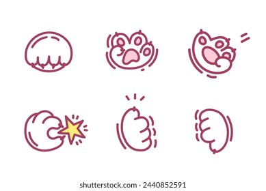 Set of Cute Cat Paws. Collection of Various Animal Paw Gestures. Contour Gestures of Cats Paws. Greetings, Like, dislike, Review, Rating. Vector isolated illustration