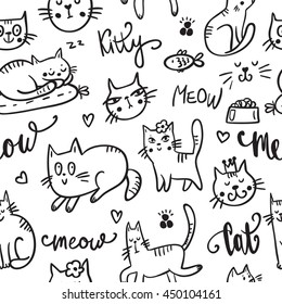 Set of Cute cat. Pet animal vector illustration. Seamless pattern with cat