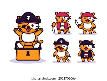 Set of cute cat with pirates costume