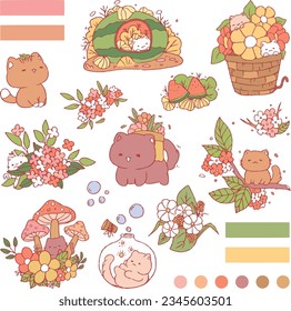 A set of cute cat with plant fruit and flower
