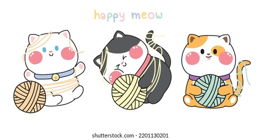 Set of cute cat play with yarn.Pet cartoon character design.Animal hand drawn collection.Fun time.Meow.Kawaii.Vector.Illustration.